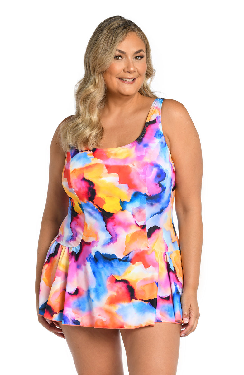 Watercolor Bliss Princess Seam Swim Dress One Piece Plus Size