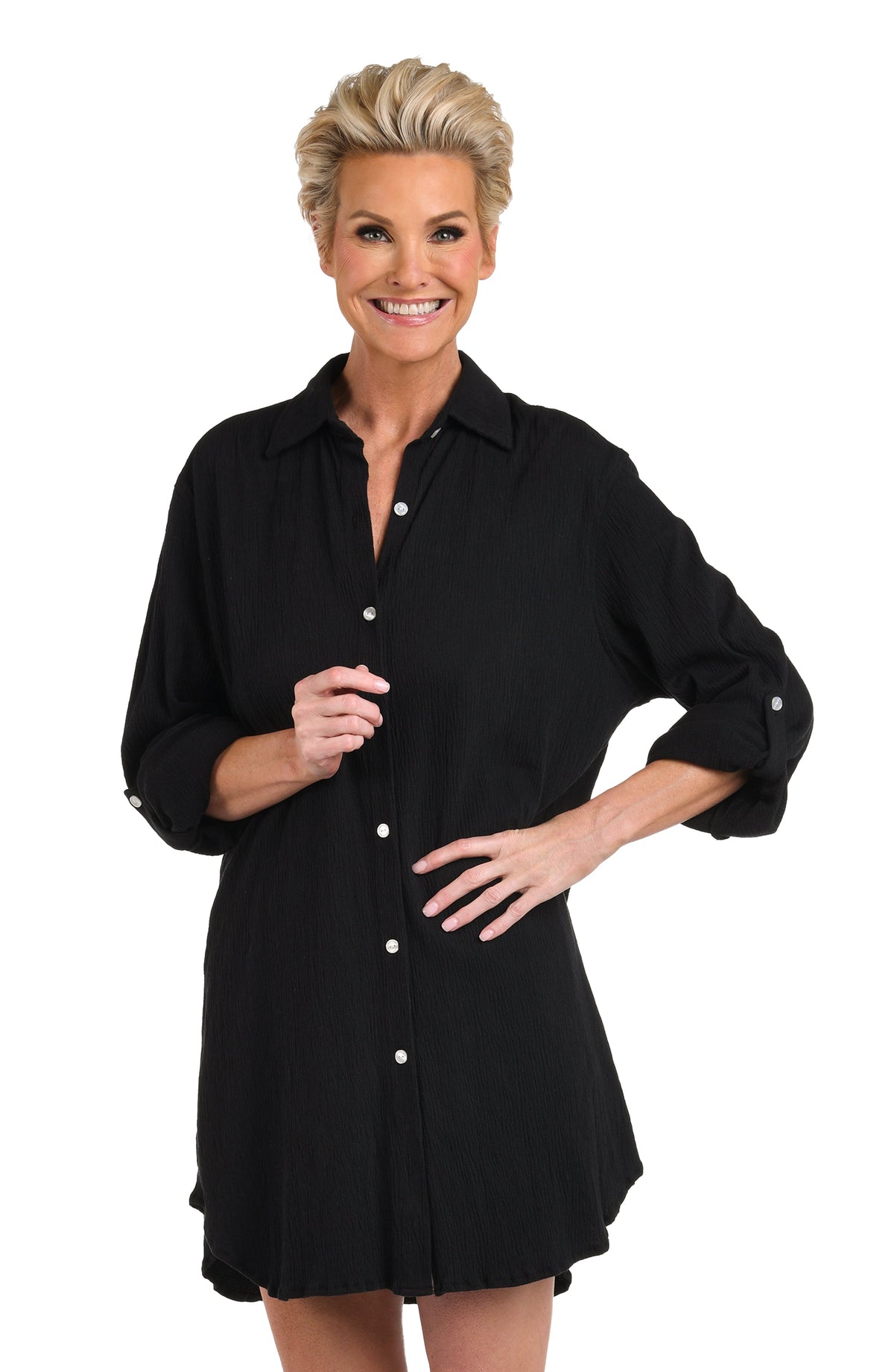 Model is wearing a solid black Button Down Resort Shirt Cover Up.