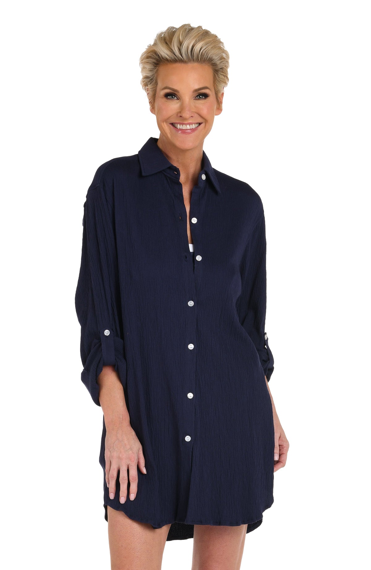 Model is wearing a solid indigo Button Down Resort Shirt Cover Up.