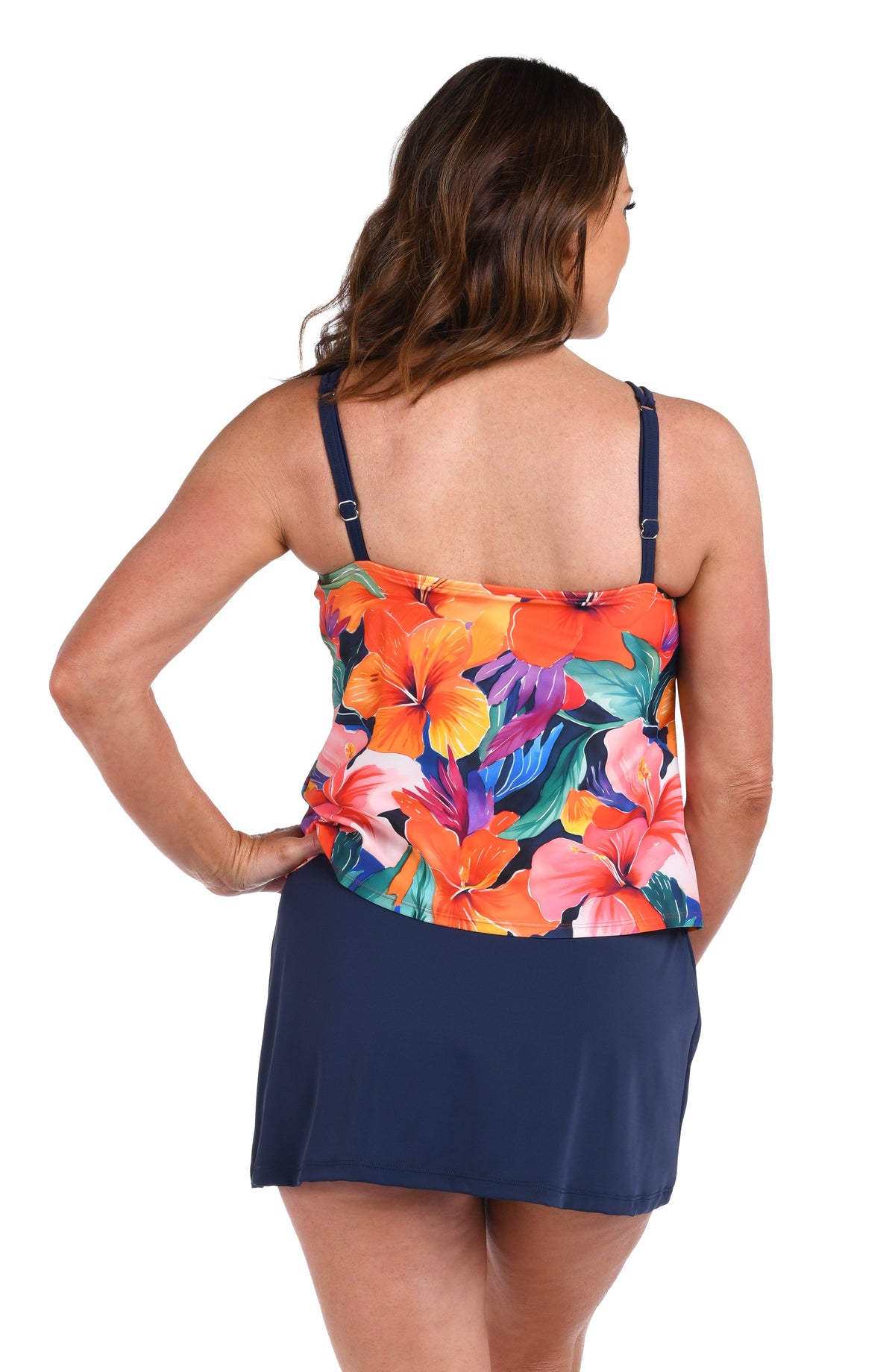 Back image of model wearing a Hibiscus Honey High Neck Underwire Tankini Top.
