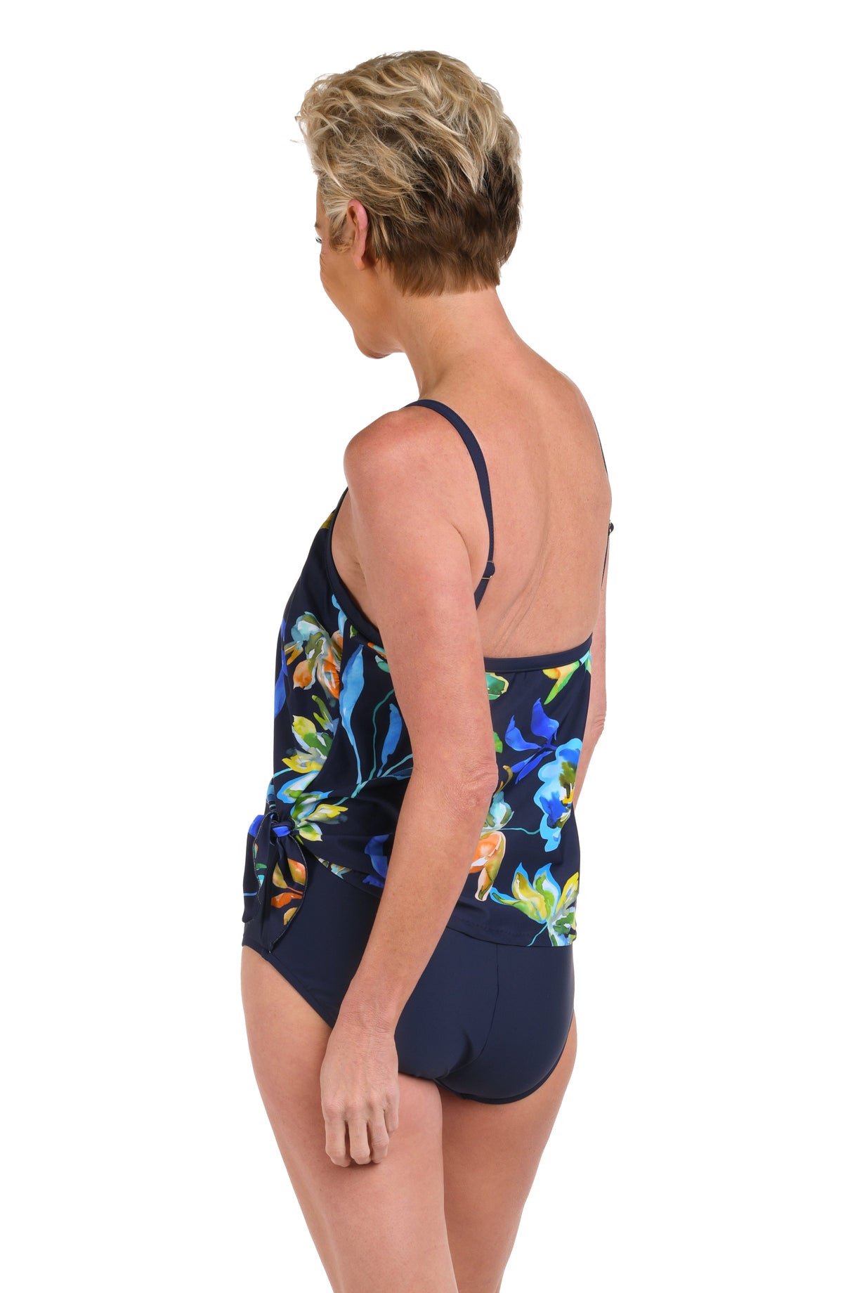 Back image of model wearing an Indigo Vineyard Scoop Neck Faux Tankini One Piece.