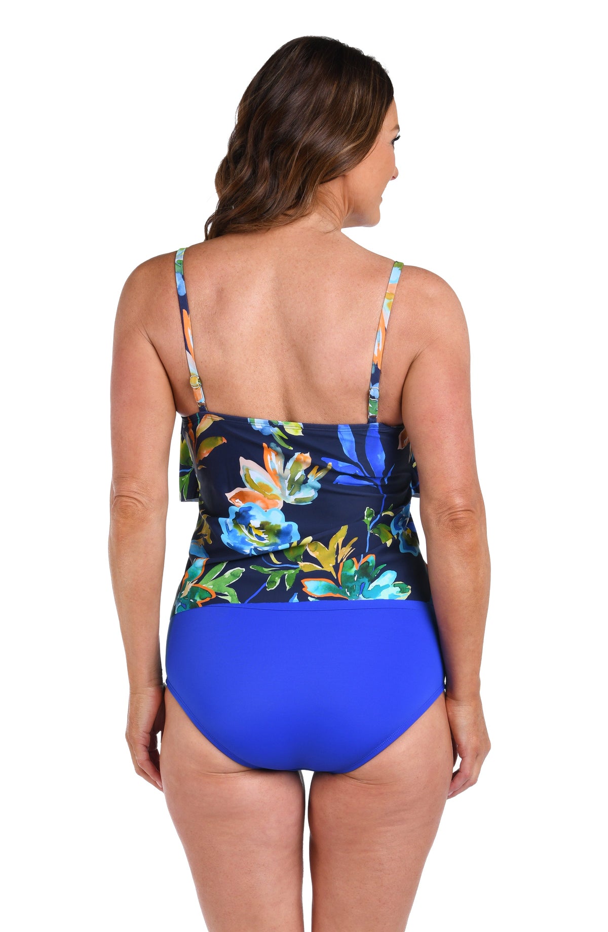 Back image of model wearing an Indigo Vineyard Two Tiered Tankini Top.