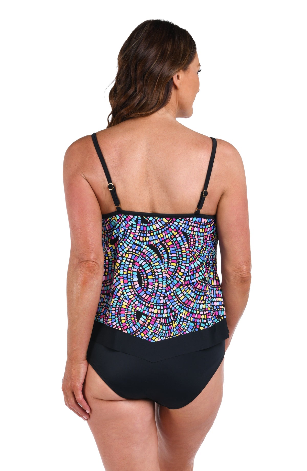 Back image of model wearing a Colorburst Flutter Hem Tankini Top.