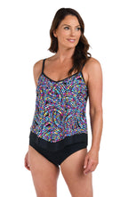 Front image of model wearing a Colorburst Flutter Hem Tankini Top.