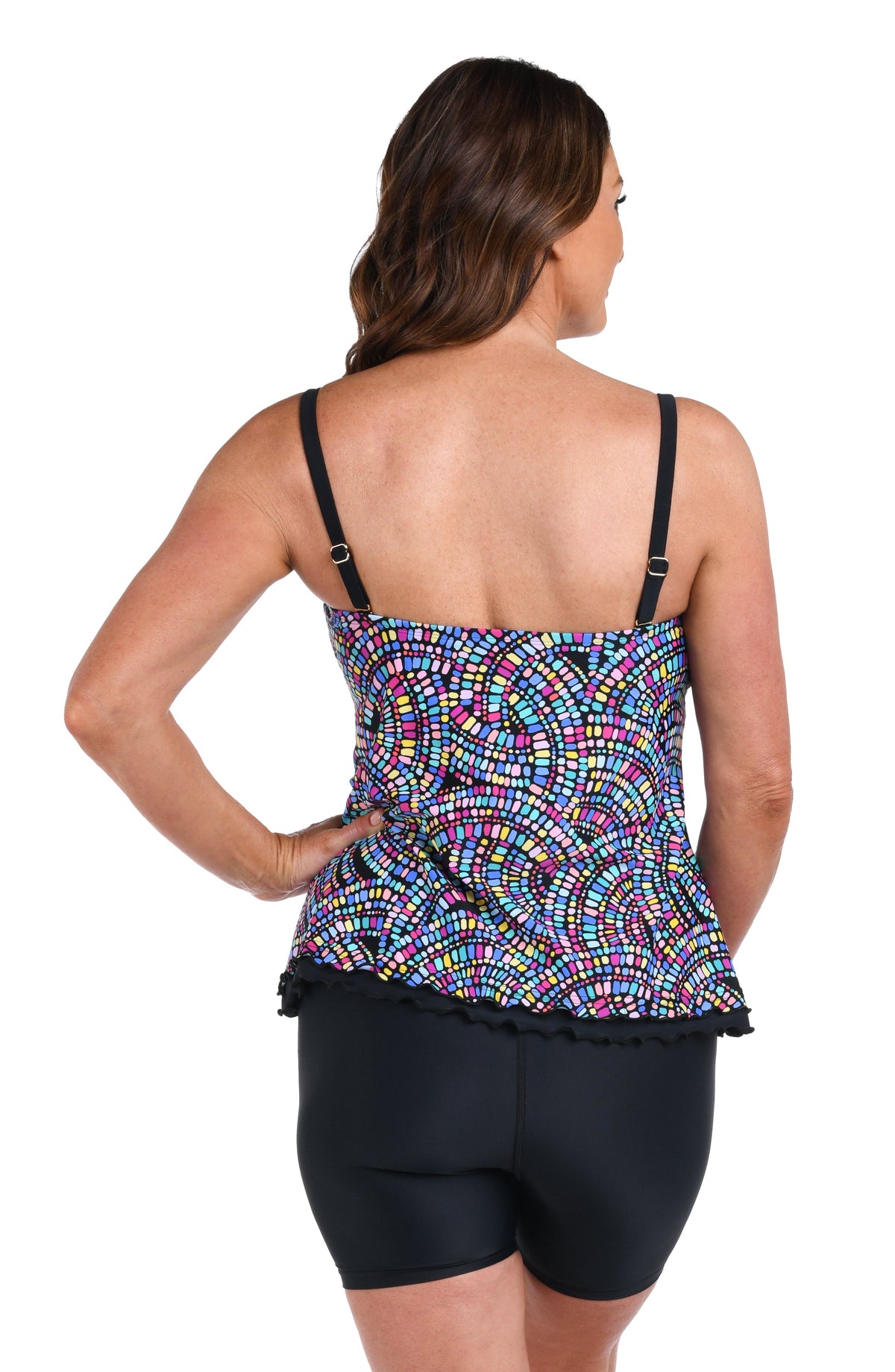 Back image of model wearing a Colorburst Ruffled Bandeau Tankini Top.