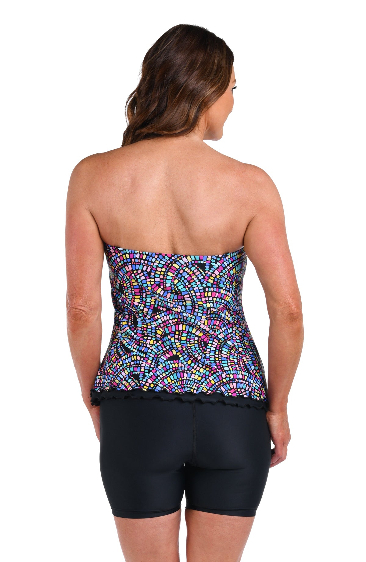 Back image of model wearing a Colorburst Ruffled Bandeau Tankini Top.