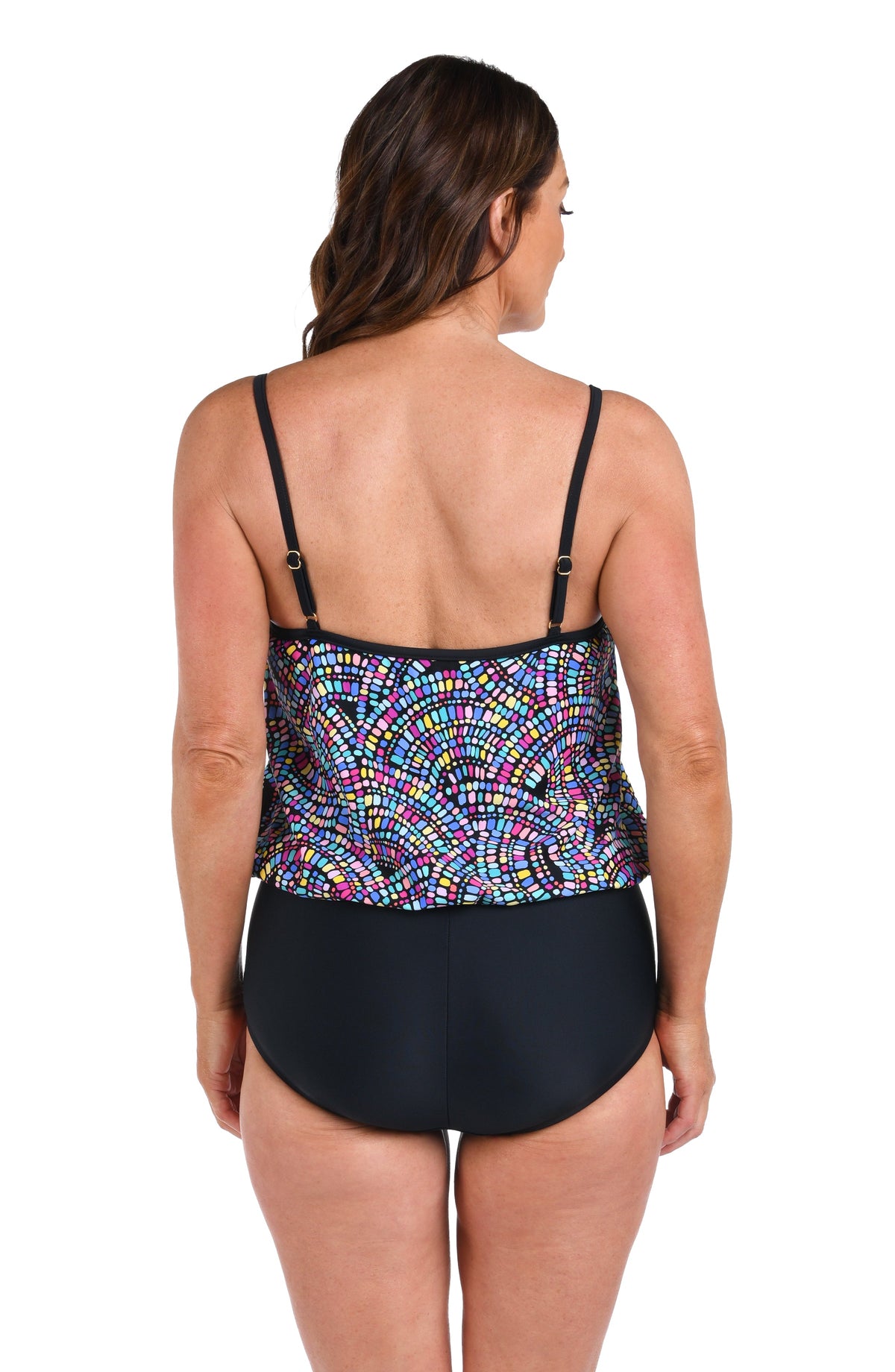 Back image of model wearing a Colorburst Blouson One Piece.