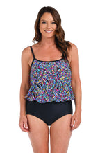 Front image of model wearing a Colorburst Blouson One Piece.