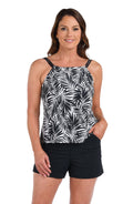 Front image of model wearing the Palm Retreat High Neck Underwire Tankini Top.