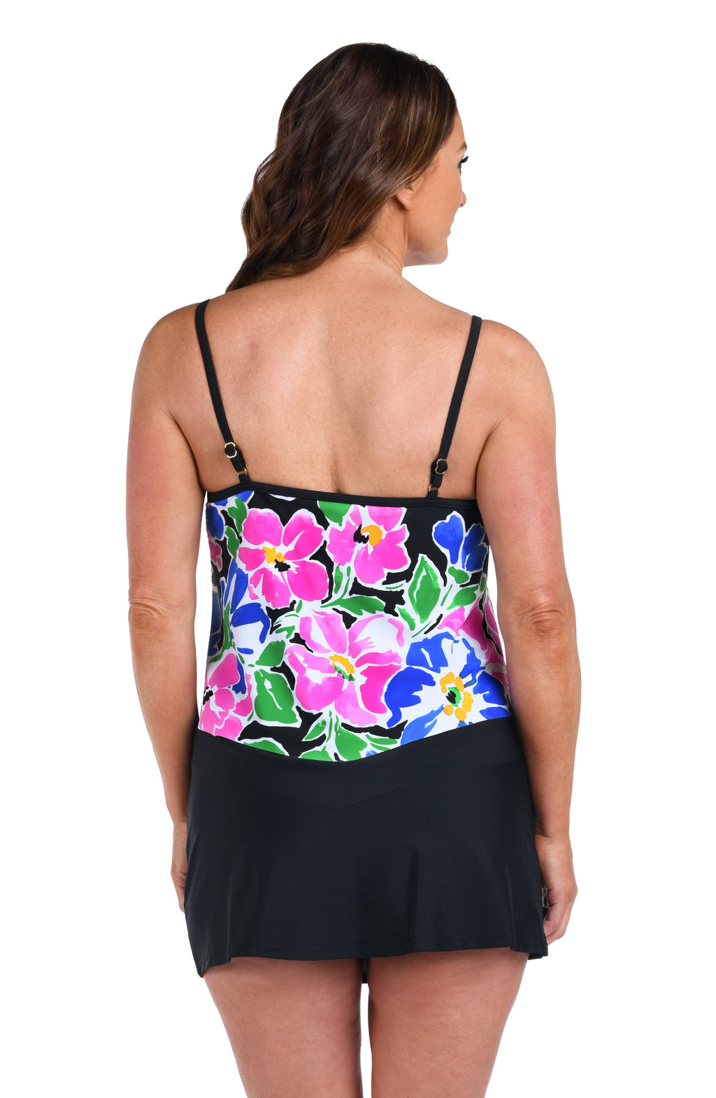 Back image of model wearing a Summer Splash Floral Flutter Hem Tankini Top.