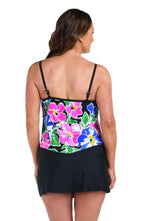 Back image of model wearing a Summer Splash Floral Flutter Hem Tankini Top.