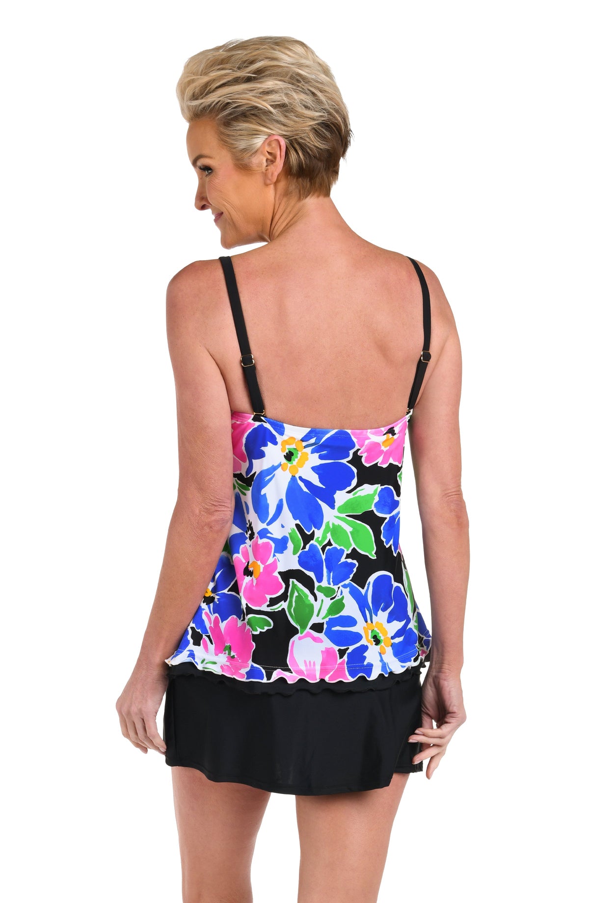 Back image of model wearing a Summer Splash Floral Ruffled Bandeau Tankini Top.