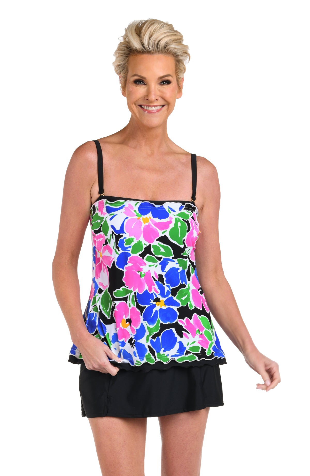Front image of model wearing a Summer Splash Floral Ruffled Bandeau Tankini Top.