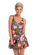 Front image of model wearing an Ornamental Garden Surplice Swim Dress One Piece.