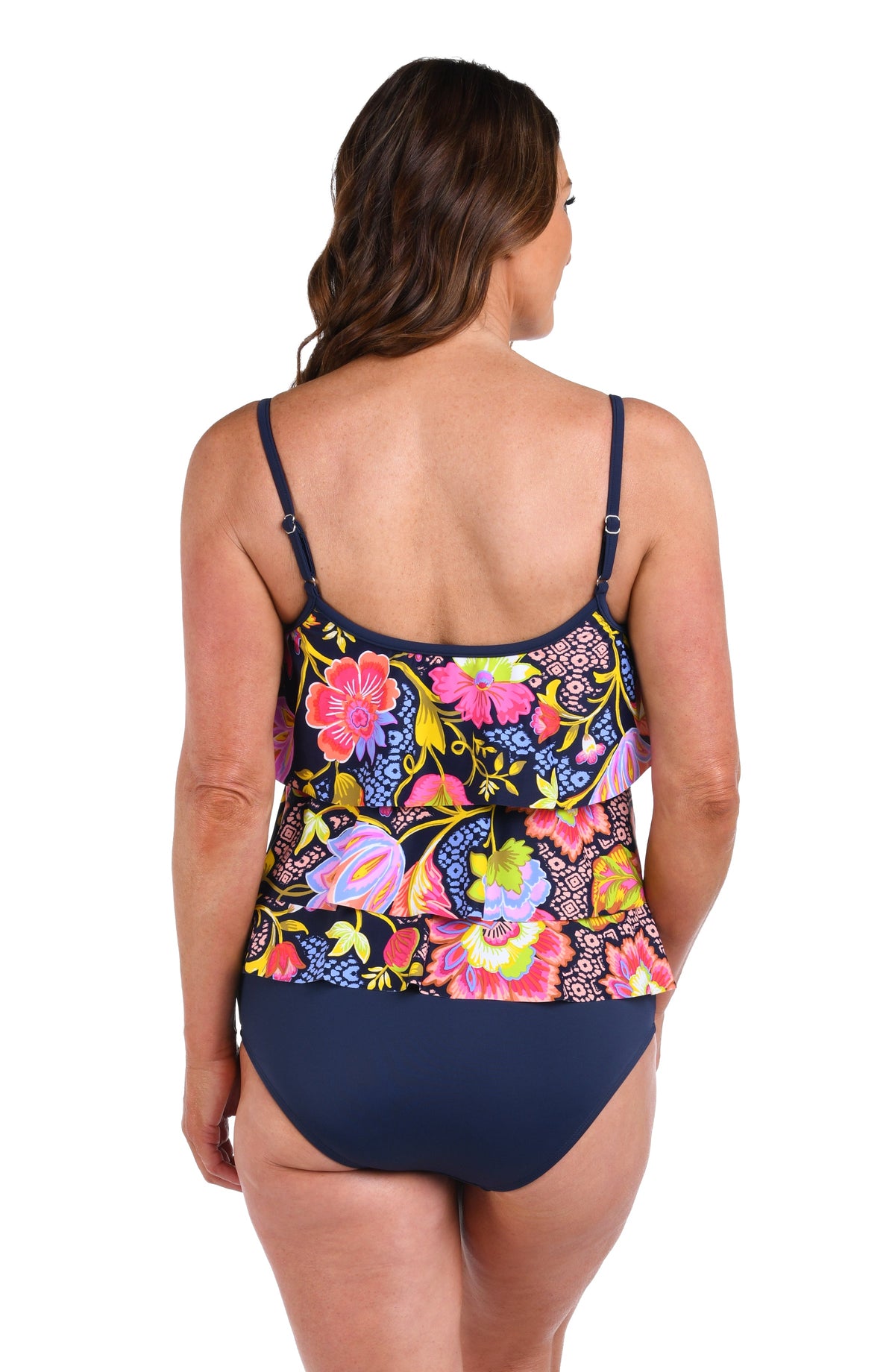 Back image of model wearing an Ornamental Garden Triple Tiered Tankini Top.