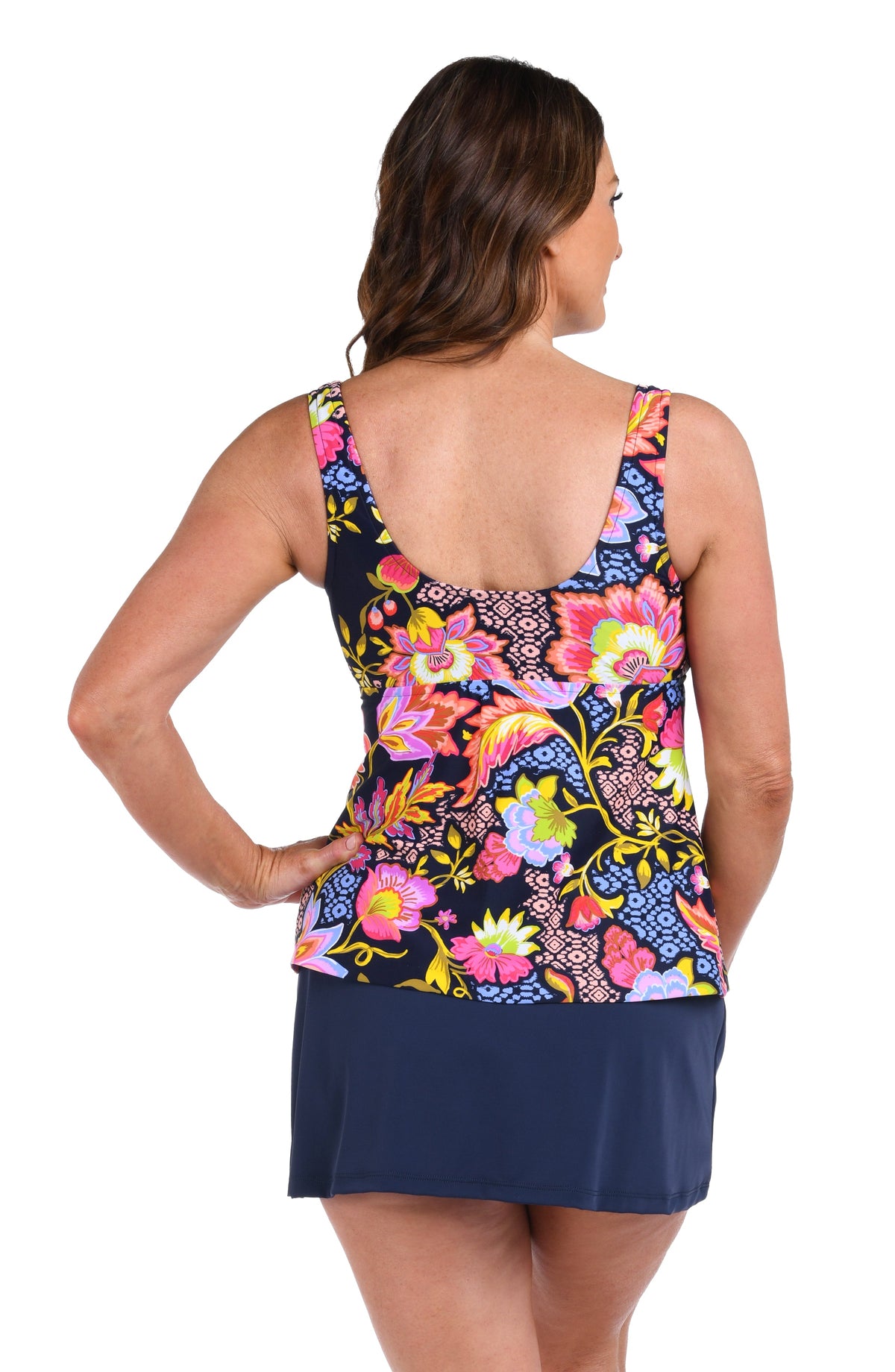 Back image of model wearing an Ornamental Garden Scoop Neck Tankini Top.