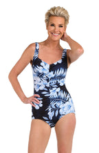 Front image of model wearing a Moonlight Tropics Spa Shirred Front Girl Leg One Piece.