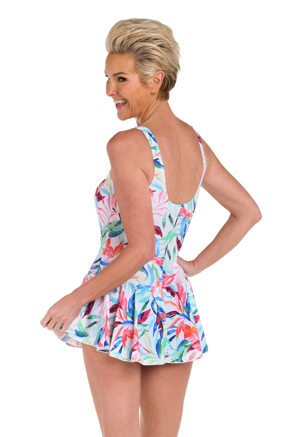 Back image of model wearing a Dominica Breeze Princess Seam Swim Dress One Piece.