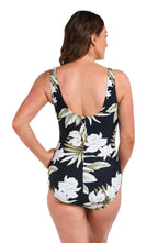 Back image of model wearing the Island Greenery Side Shirred One Piece.