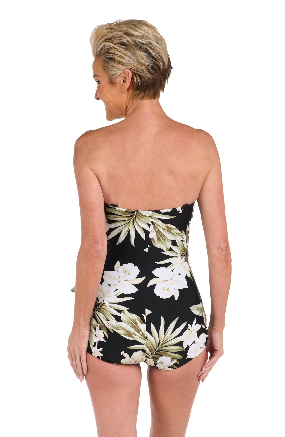 Back image of model wearing the strapless version of the Island Greenery Bandeau Sarong One Piece.