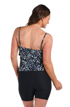 Back image of model wearing the Brushstroke Shimmer Two Tiered Tankini Top.
