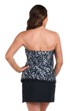 Back image of model wearing the strapless version of the Brushstroke Shimmer Ruffled Bandeau Tankini Top.