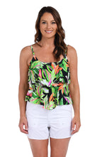 Model is wearing a Rainforest Rainbow Two Tiered Tankini Top.
