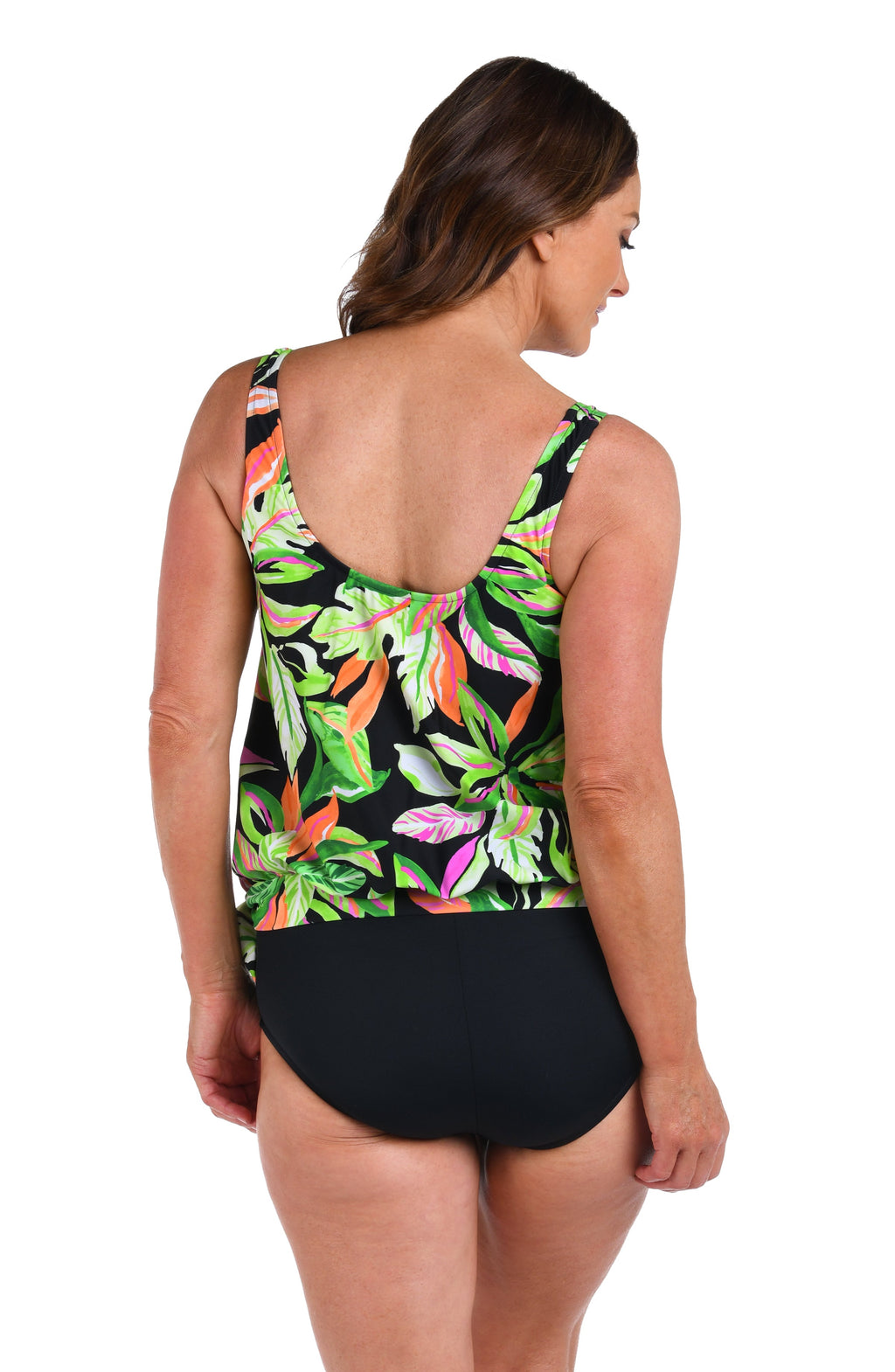 Back image of model wearing a Rainforest Rainbow Banded Scoop Blouson Tankini Top.