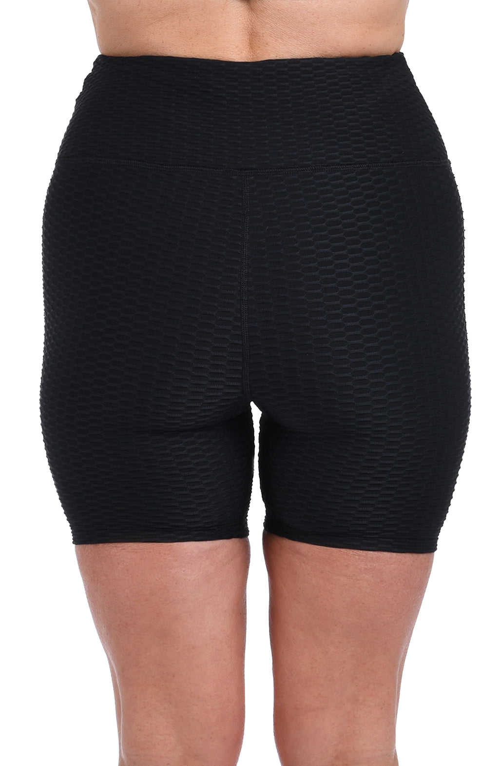 Model is wearing a Textured Spa Bike Short Swimsuit Bottom.