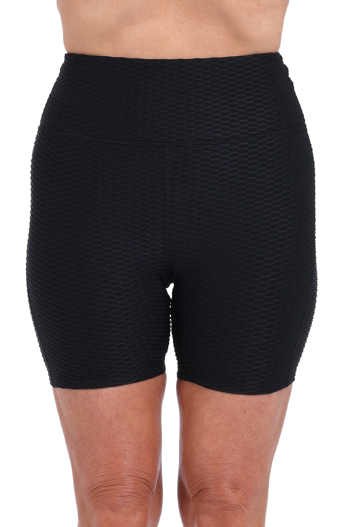 Model is wearing a Textured Spa Bike Short Swimsuit Bottom.