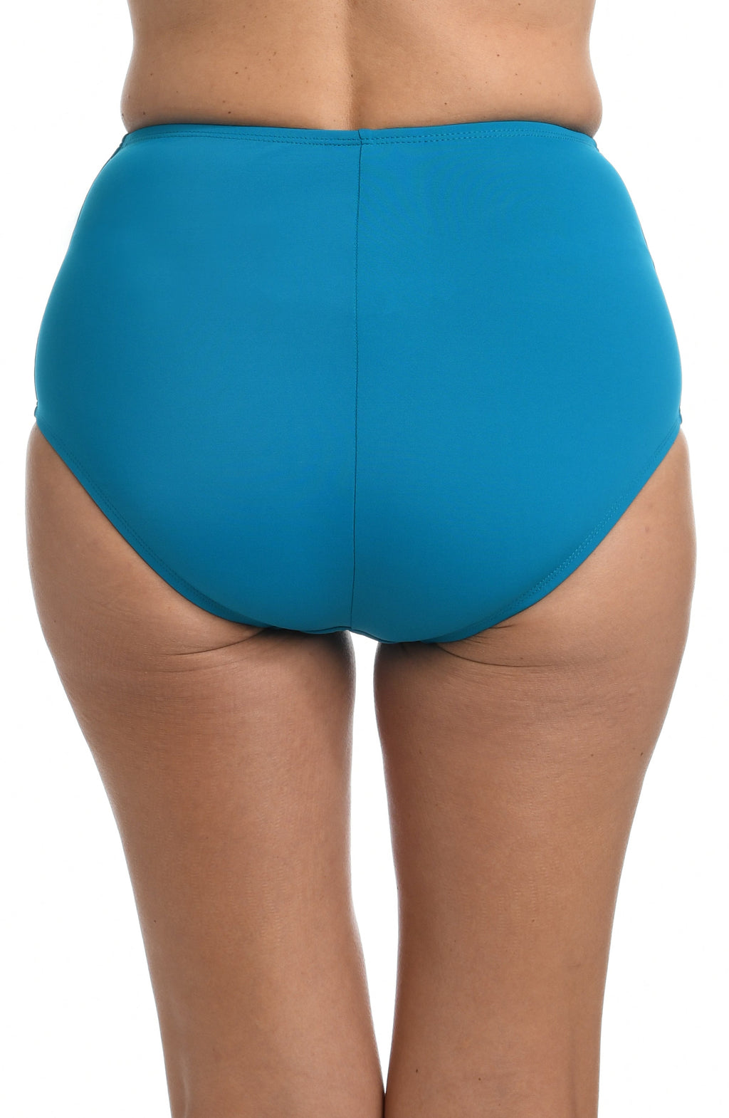 A close-up of a model wearing high-waisted, solid turquoise blue bikini bottoms against a plain white background.