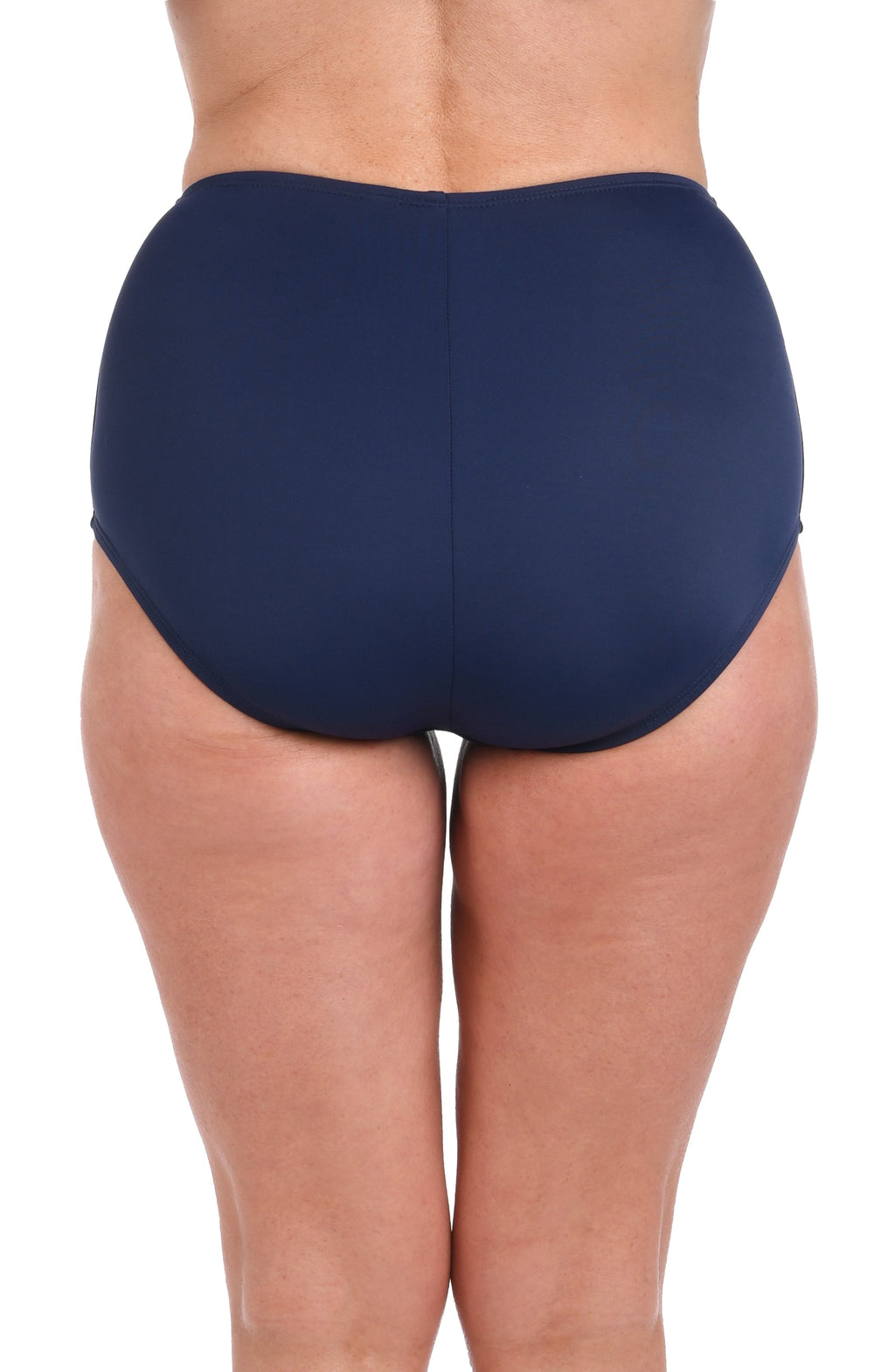 A close-up of a model wearing high-waisted navy blue bikini bottoms against a plain white background.