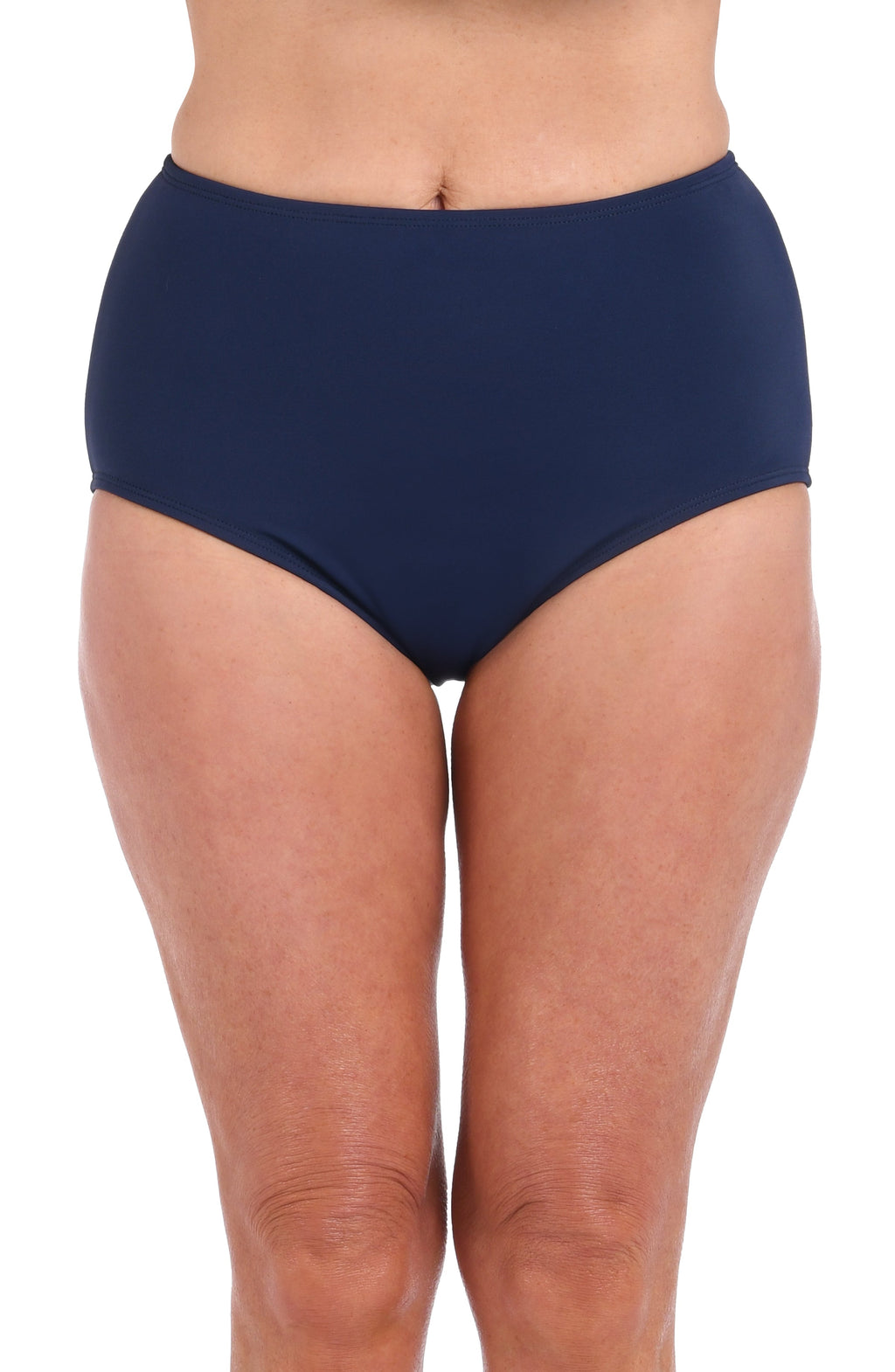 A close-up of a model wearing high-waisted navy blue bikini bottoms against a plain white background.