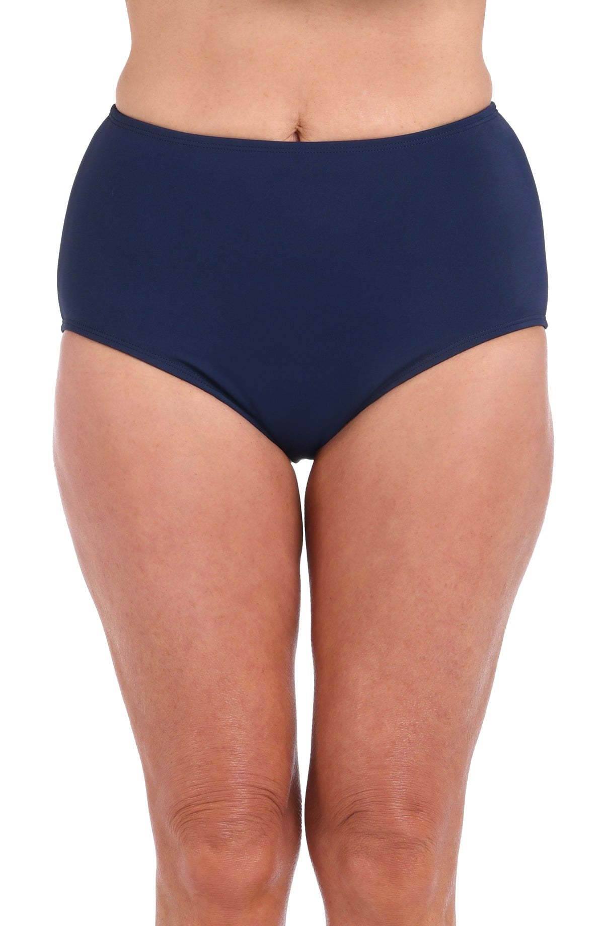 A close-up of a model wearing high-waisted navy blue bikini bottoms against a plain white background.