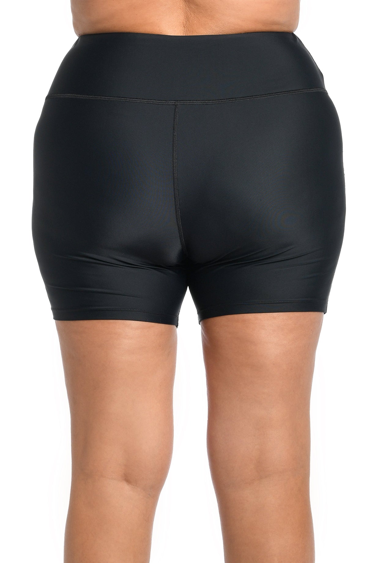 Model is wearing a multicolored 6" Inseam Biker Swim Short Bottoms