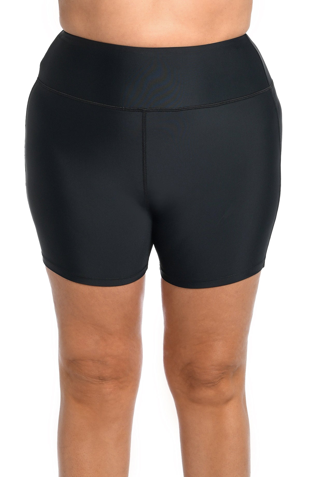 Model is wearing a multicolored 6" Inseam Biker Swim Short Bottoms