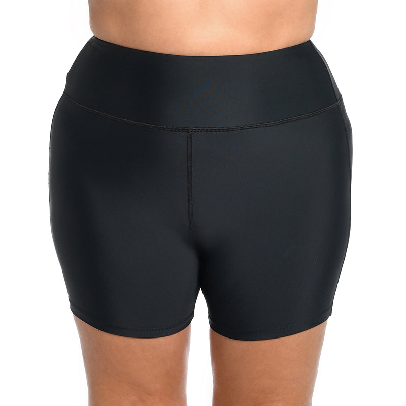 Model is wearing a multicolored 6" Inseam Biker Swim Short Bottoms