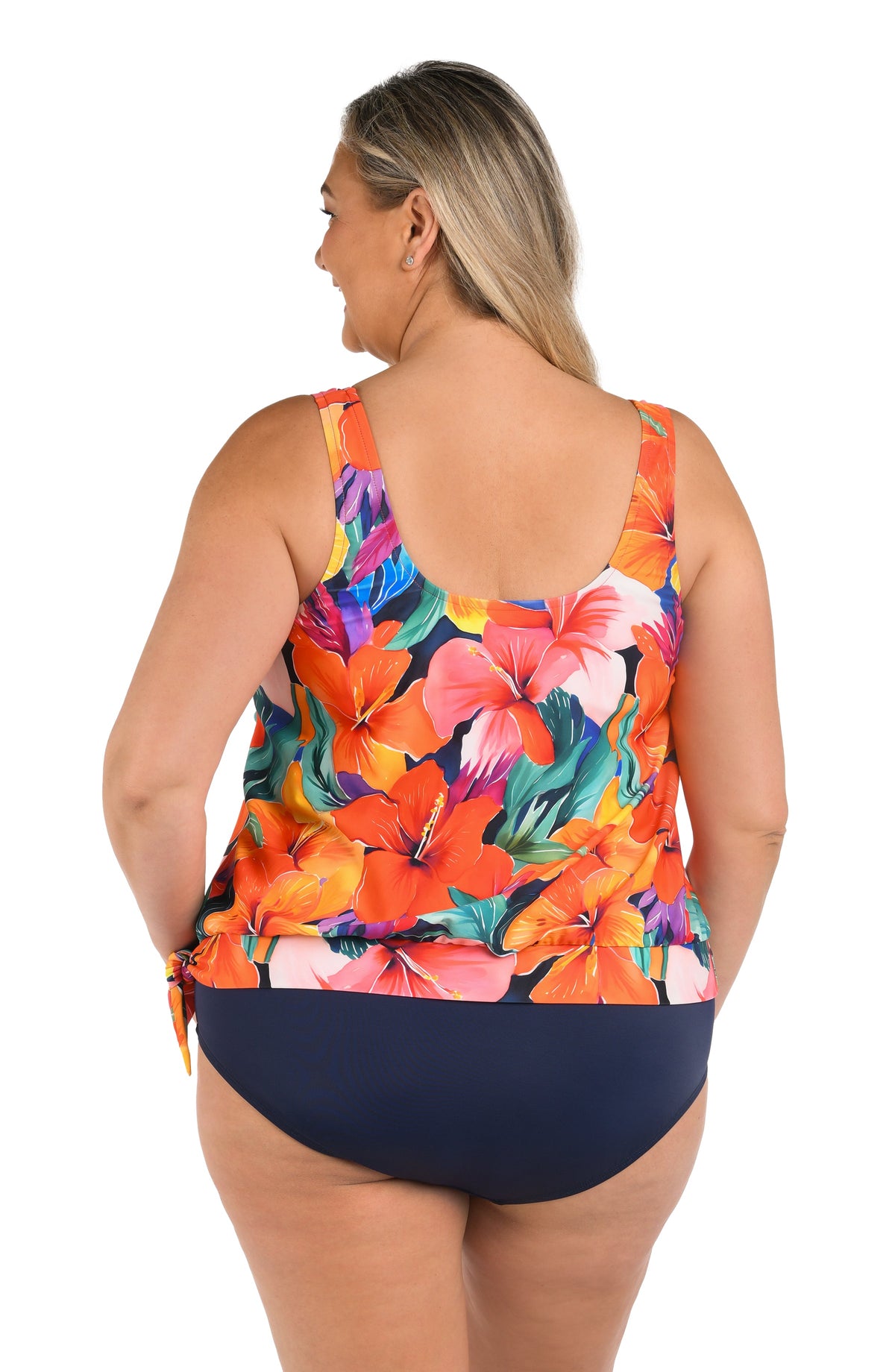 Back image of model wearing a Hibiscus Honey Banded Scoop Blouson Tankini Top (Plus Size).