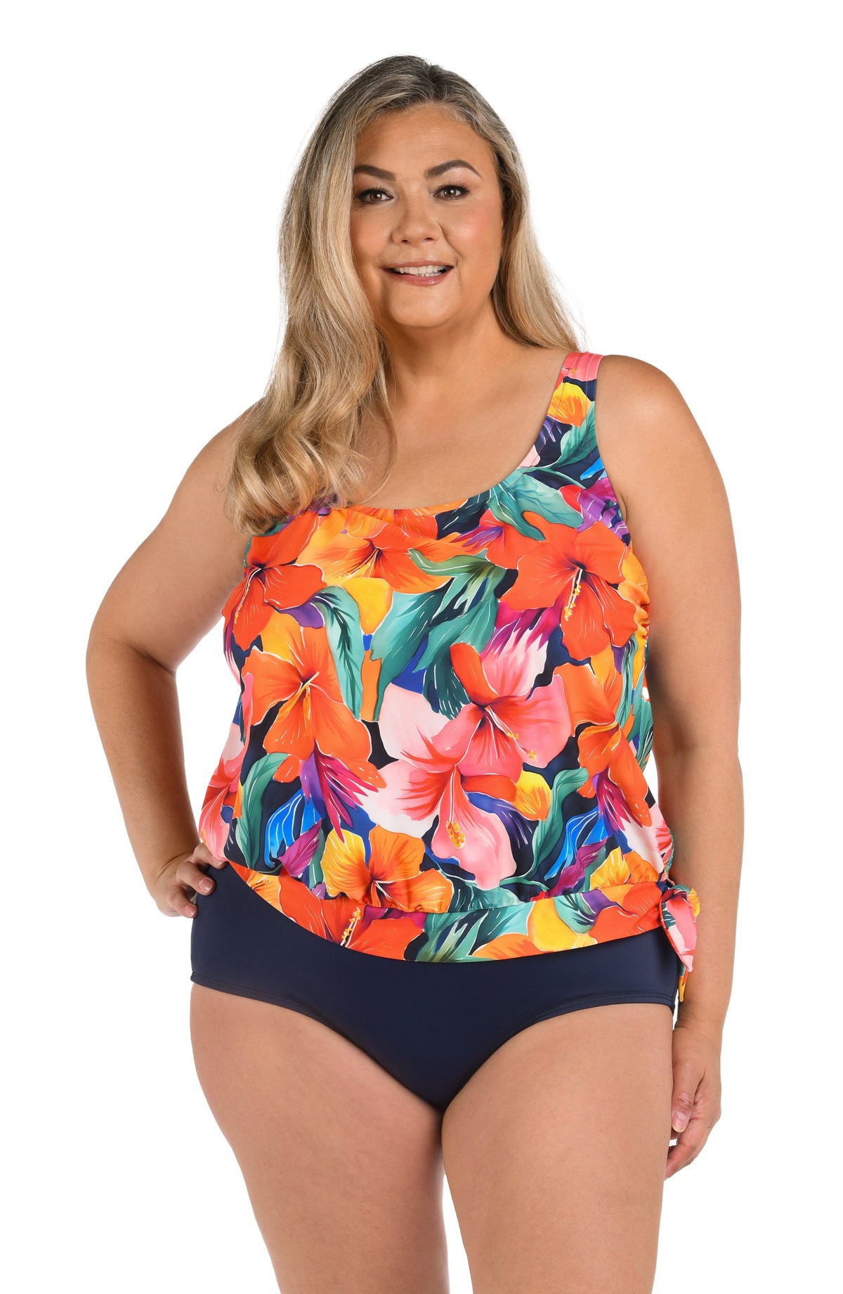 Front image of model wearing a Hibiscus Honey Banded Scoop Blouson Tankini Top (Plus Size).