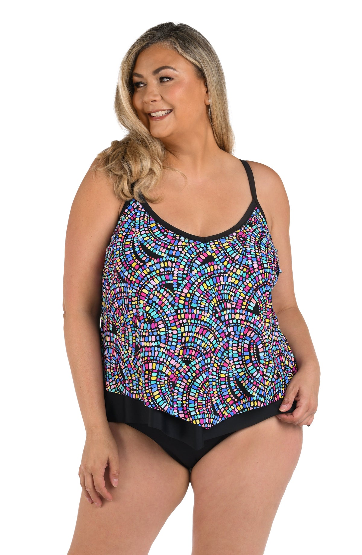 Front image of model wearing a Colorburst Flutter Hem Tankini Top.