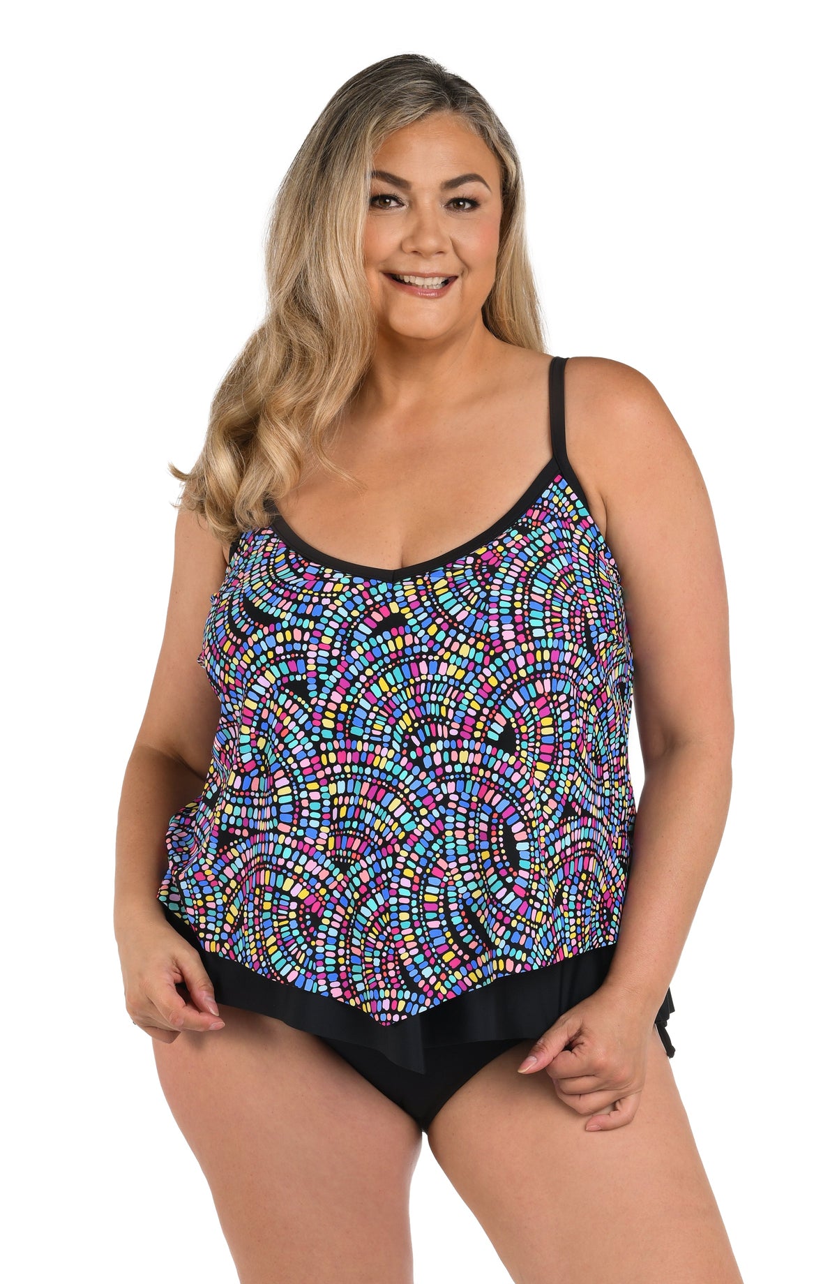 Front image of model wearing a Colorburst Flutter Hem Tankini Top.
