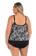 Back image of model wearing a Palm Retreat Triple Tiered Tankini Top (Plus Size).