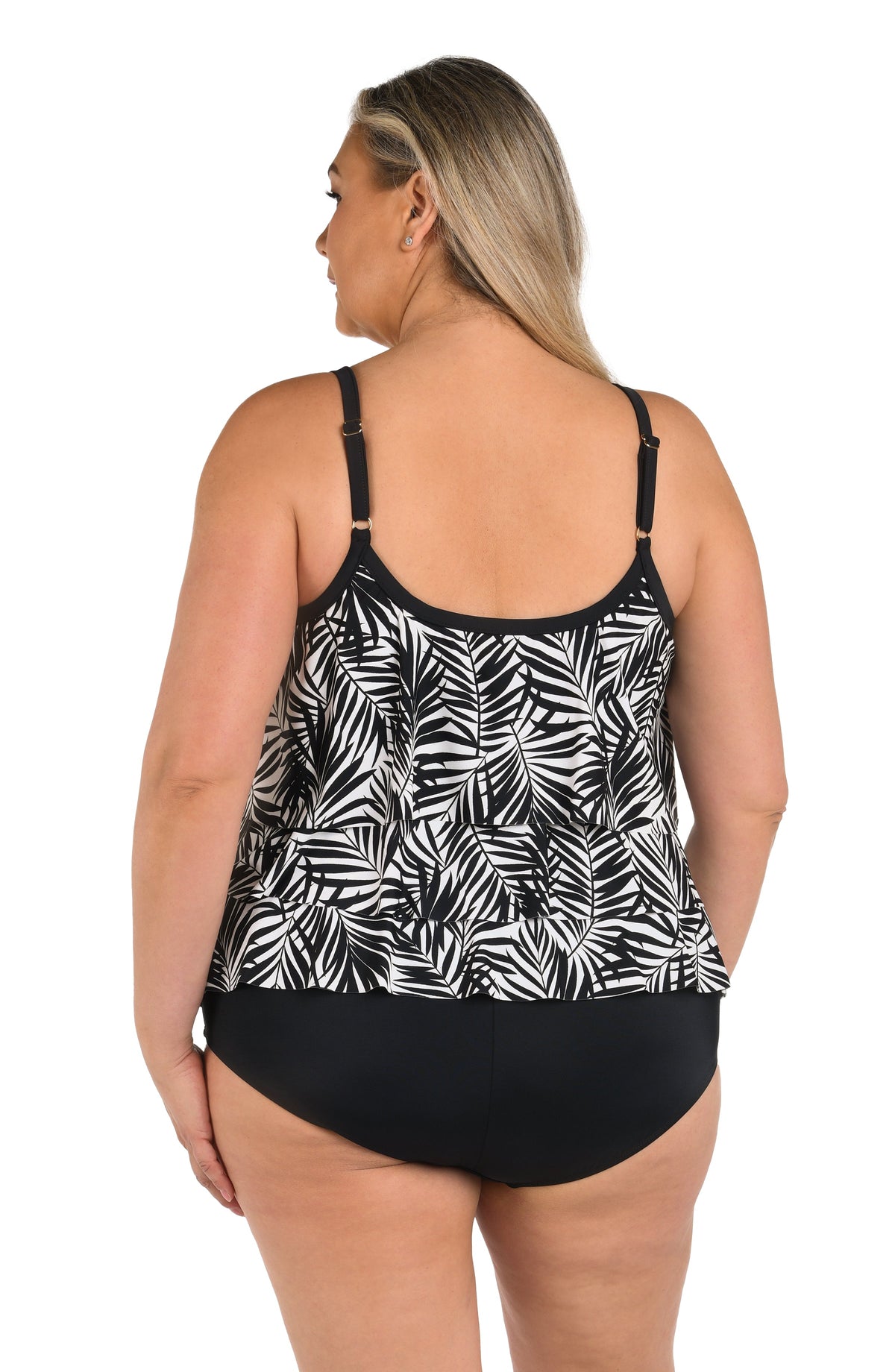 Back image of model wearing a Palm Retreat Triple Tiered Tankini Top (Plus Size).