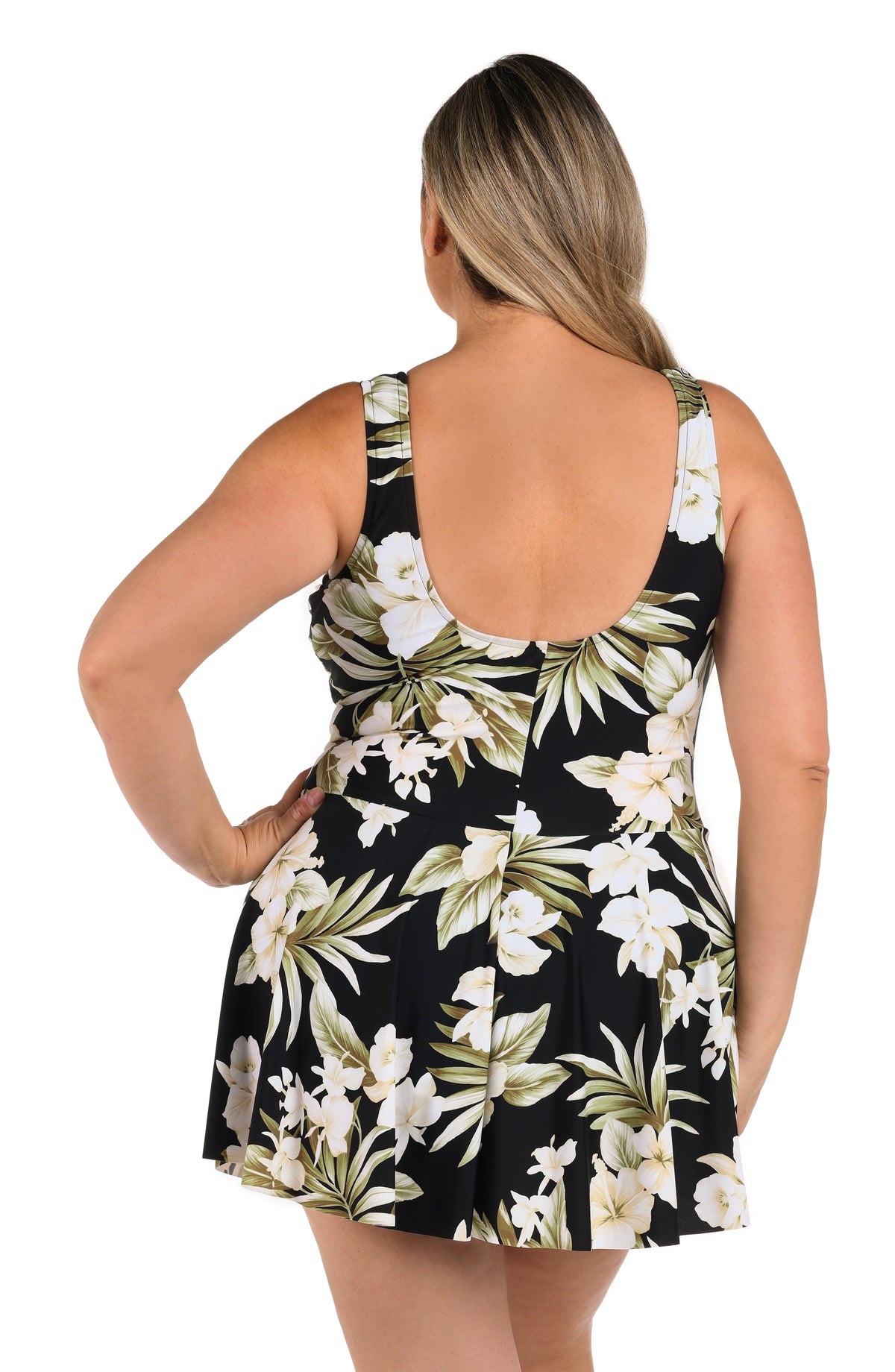 Back image of model wearing an Island Greenery Surplice Swim Dress One Piece (Plus Size).
