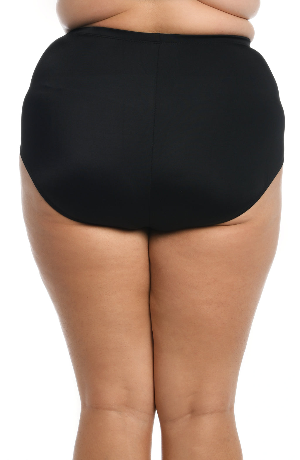 A close-up of a model wearing solid black high-waisted bikini bottoms against a plain white background.