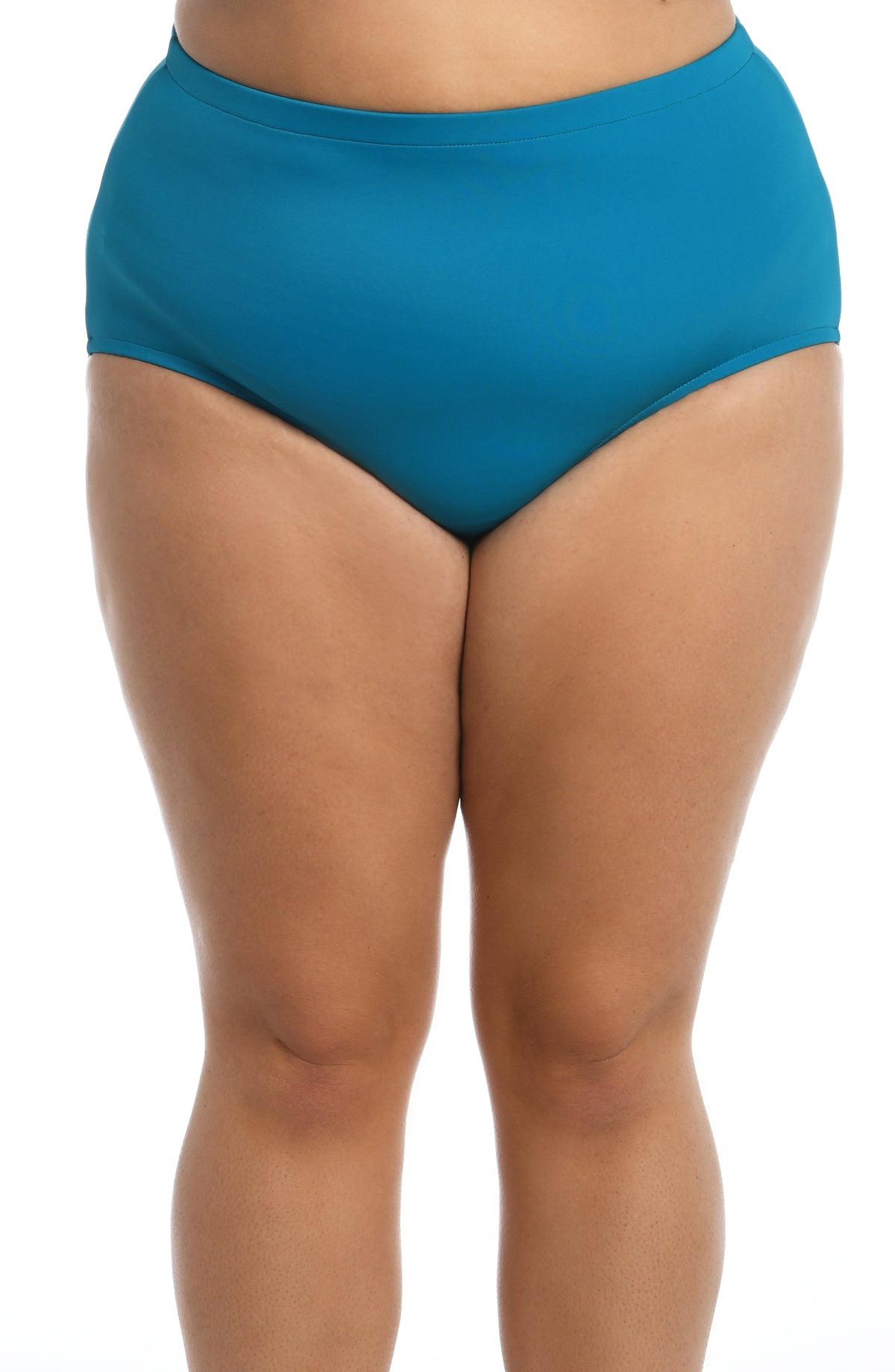 A close-up of a model wearing high-waisted, solid turquoise blue bikini bottoms against a plain white background.