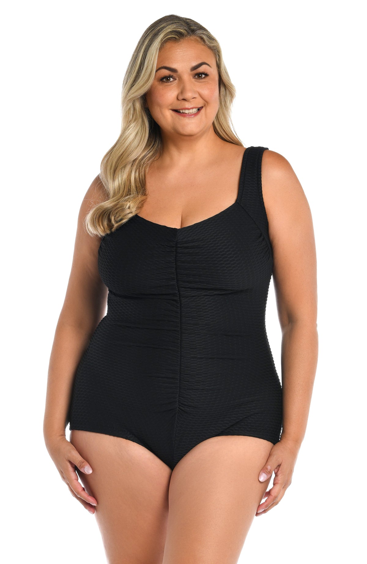Maxine Of Hollywood Solid Textured Spa Girl Leg One Piece - Black