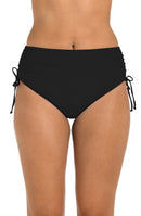 Front image of model wearing the 24th & Ocean Solid Mid Waist Side Tie Hipster Bottom in Black.