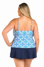 Back image of model wearing the 24th & Ocean Beachside Tile Two Tiered Tankini Top (Plus Size).