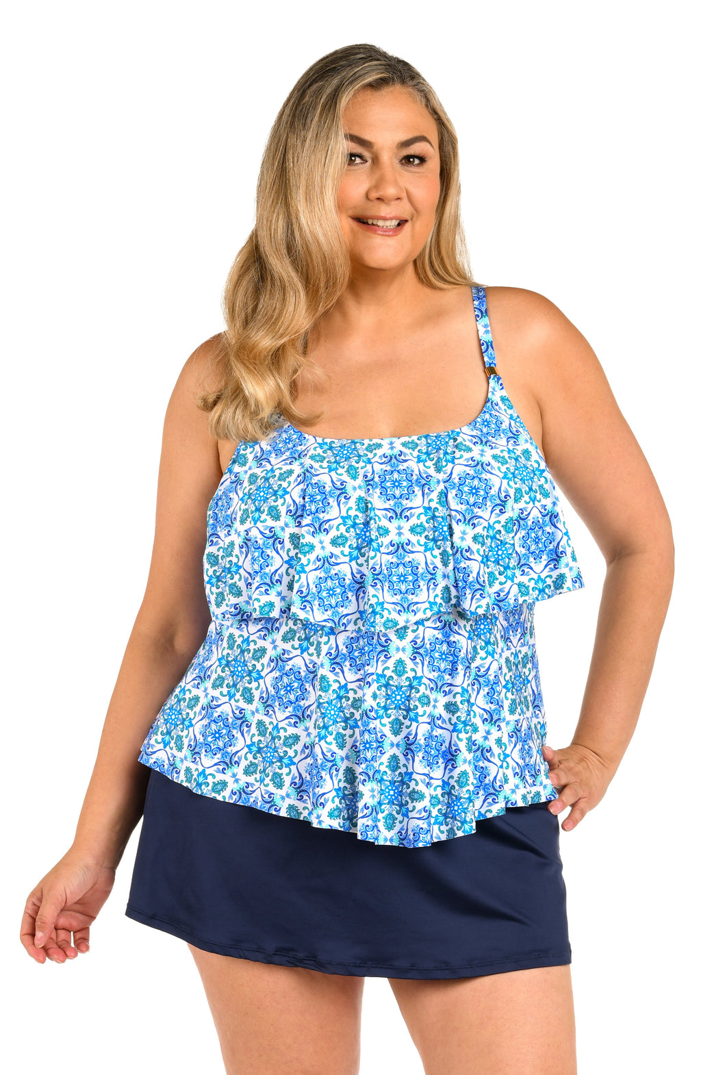 Front image of model wearing the 24th & Ocean Beachside Tile Two Tiered Tankini Top (Plus Size).